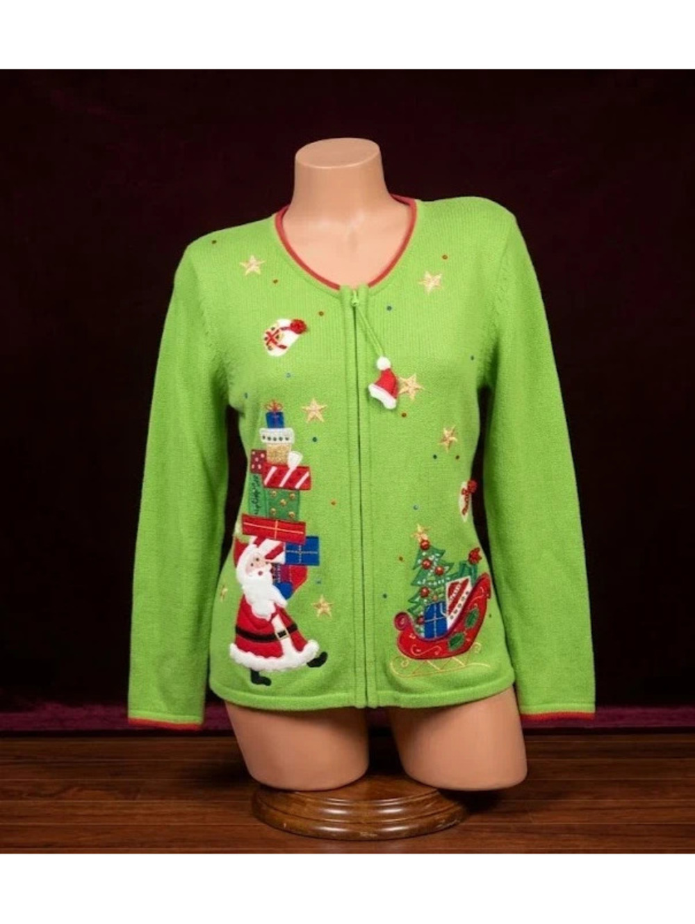 Vintage Tiara International Ugly Christmas Sweater Zip Up Cardigan Green Size M